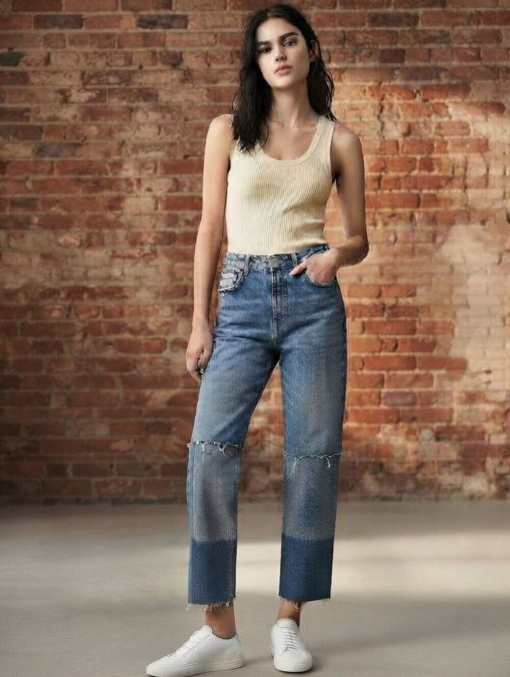 Zara Patchwork Straight Leg Distressed Jeans